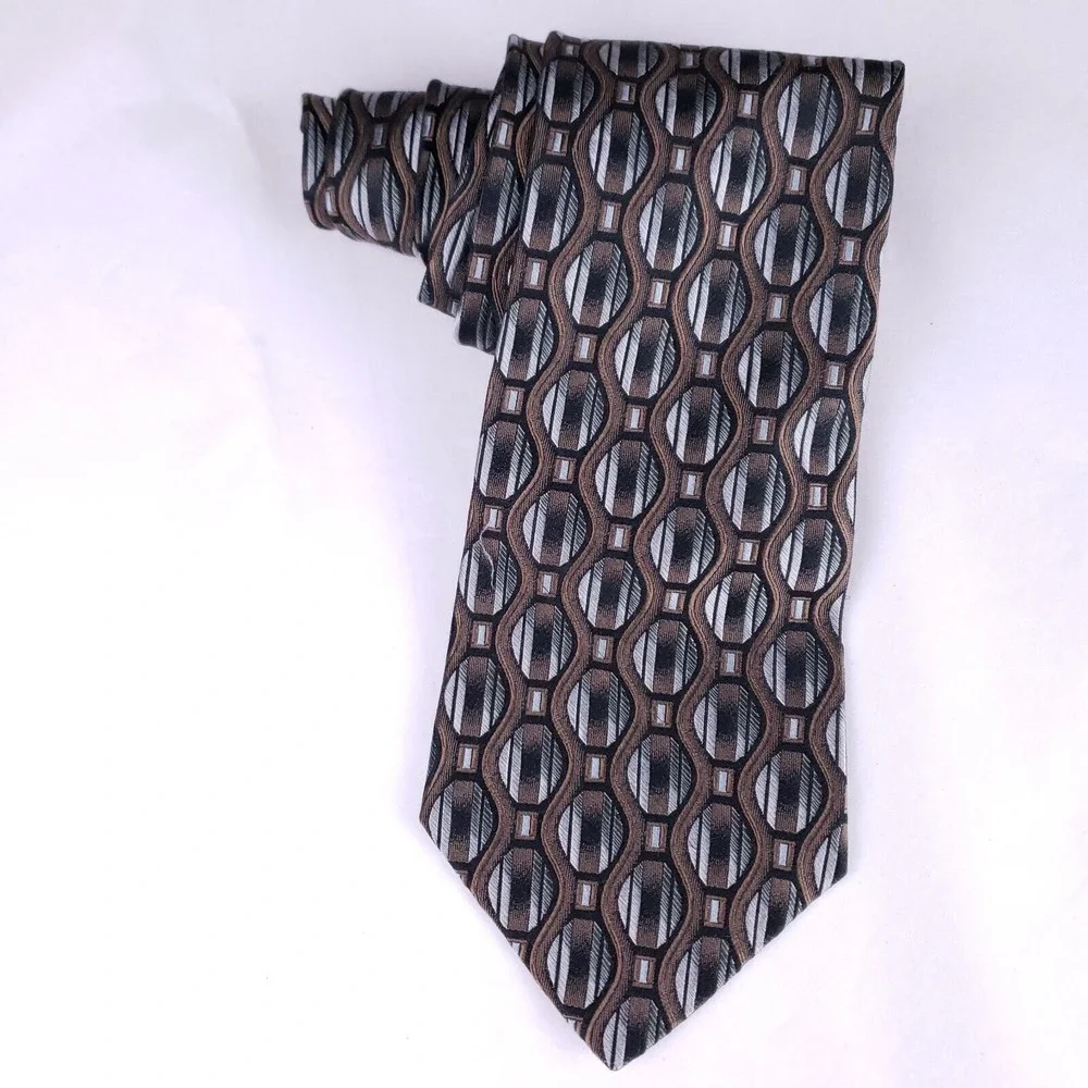 Murano Italia Geometric Silk Tie‎ Brown Black Silver Retro Business Mens Necktie